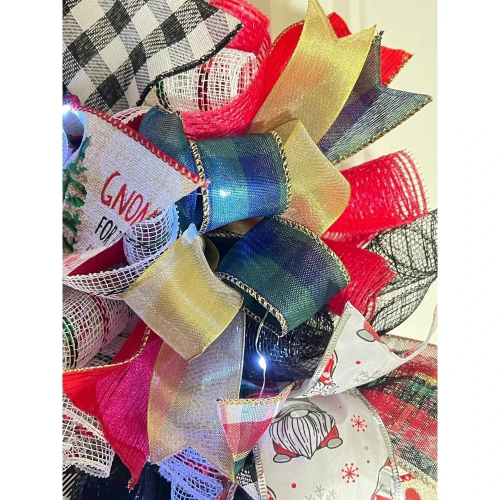 Handmade Merry Christmas Gnome Holiday Ribbon Door Wreath 22 ins W44